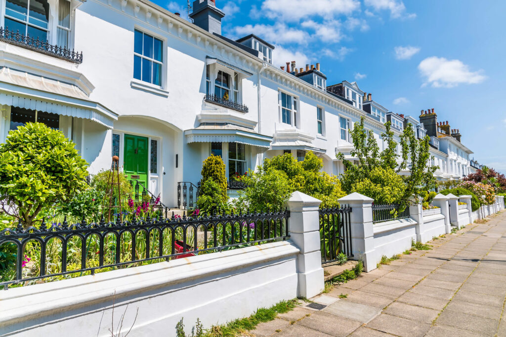 A view along a Victorian terrace In Brighton, UK in summertime